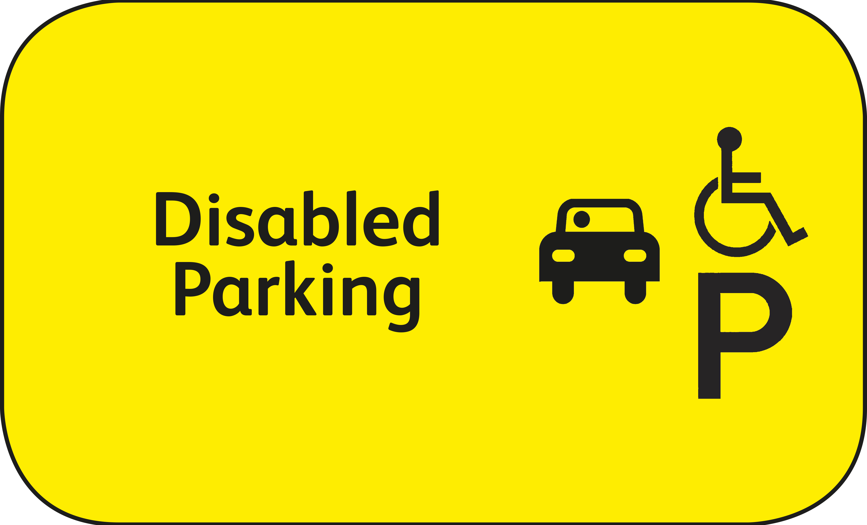 Disabled parking sign with words, images, lower case lettering and yellow background