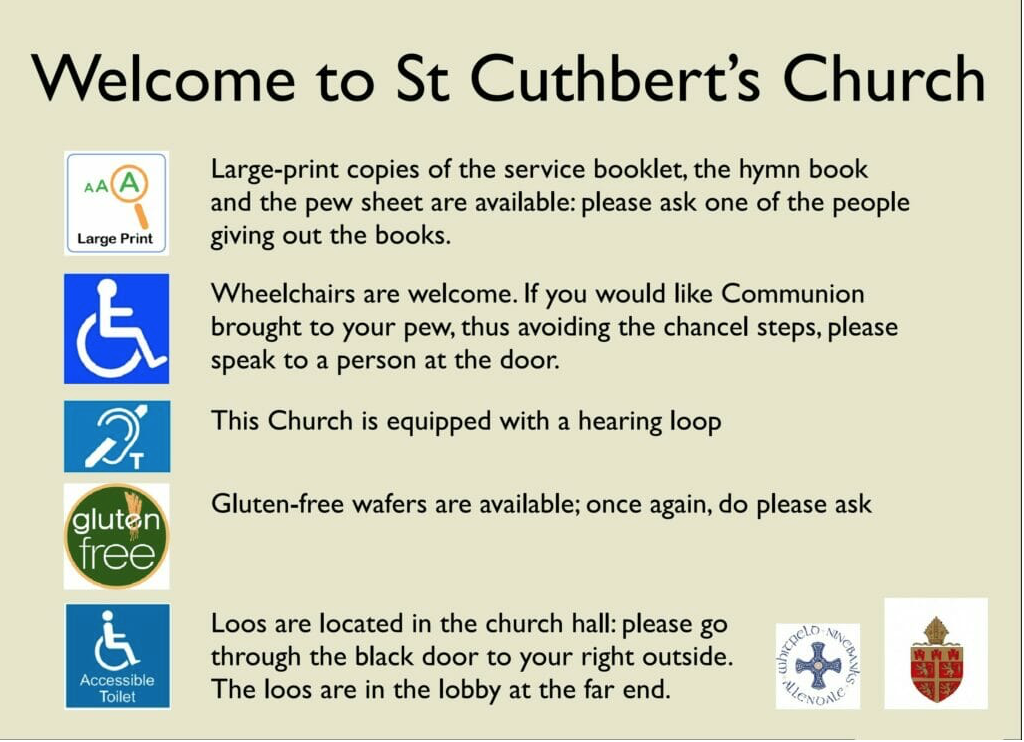 Example of service sheet showing symbols and print for accessibility provision