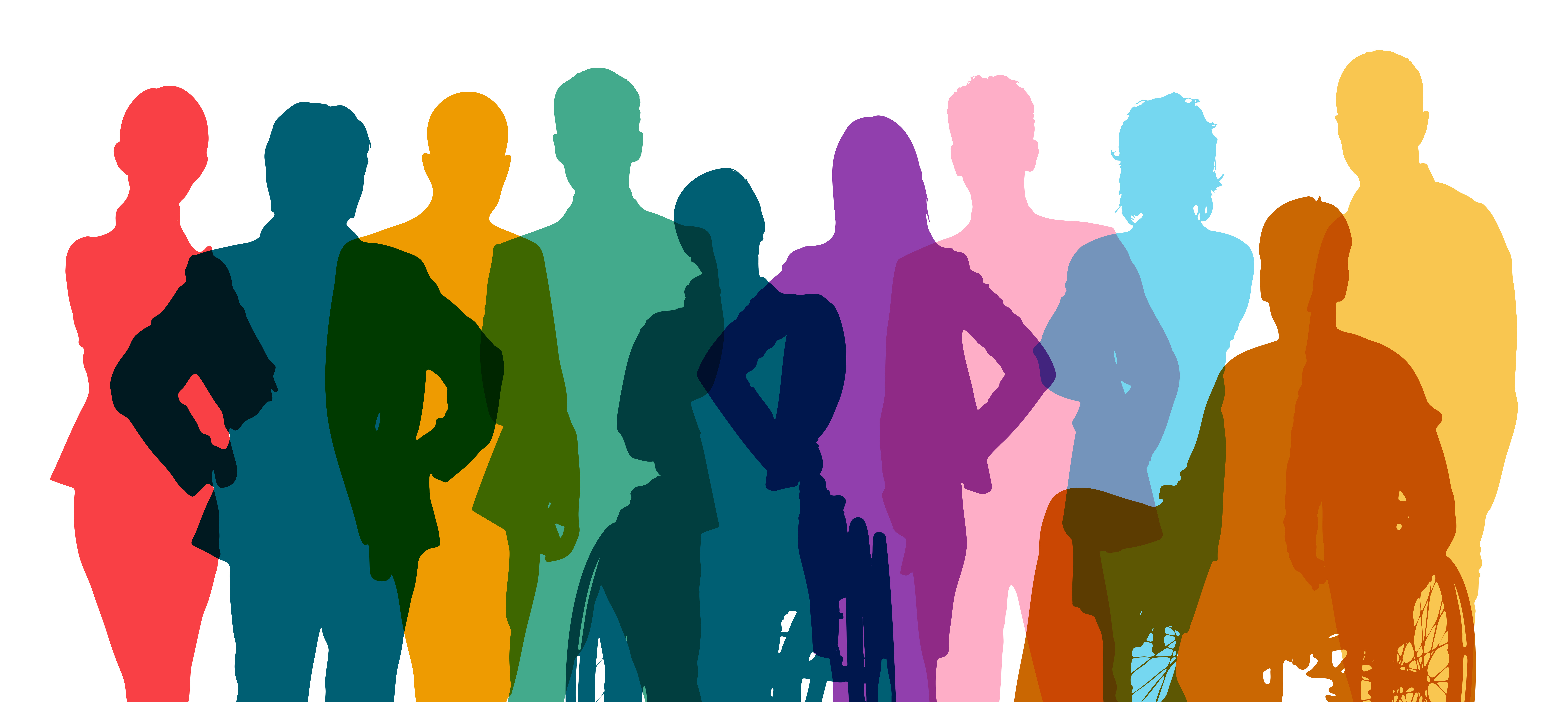 Inclusive group as colorful silhouettes in rainbow colors