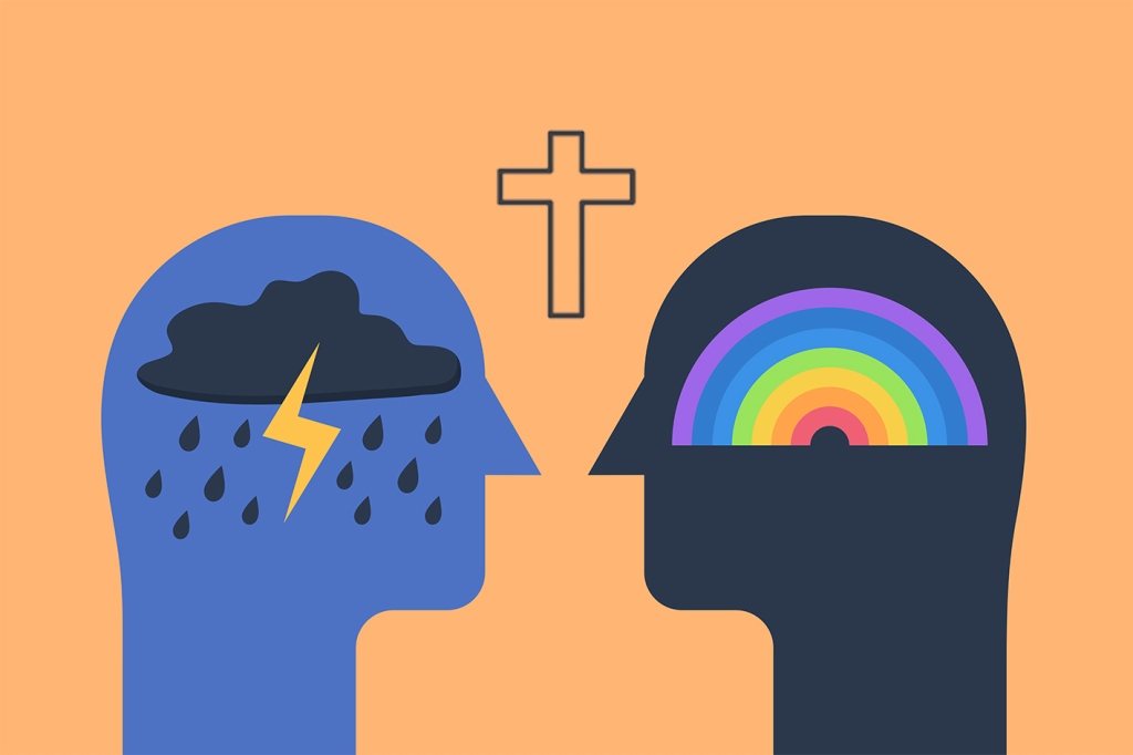 Graphic showing an empty cross between two heads, one showing a storm in the mind the other, a rainbow.
